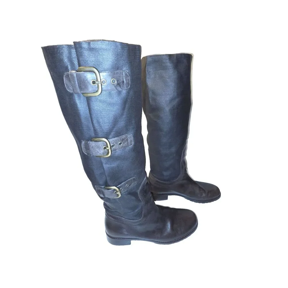 Stuart Weitzman Brown Leather & Coated Canvas Knee-High Boots Women's Size 8